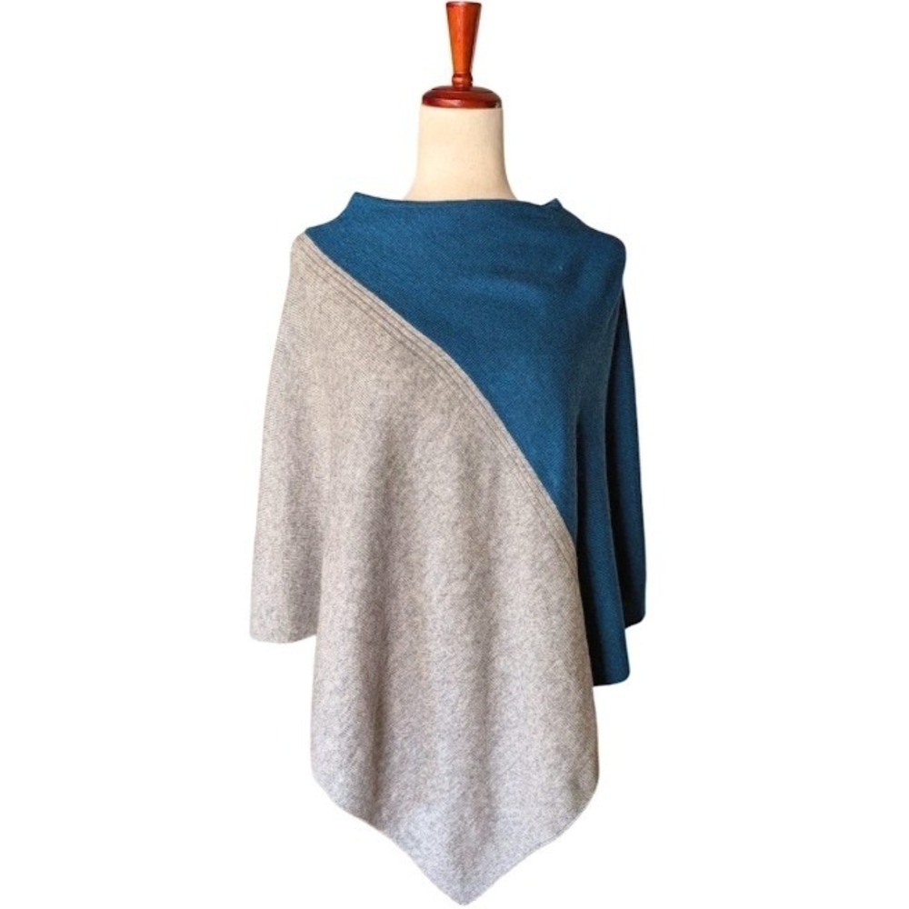 Celeste Wool Cashmere Blend Colorblock‎ Poncho Wrap Teal Blue Gray One Size